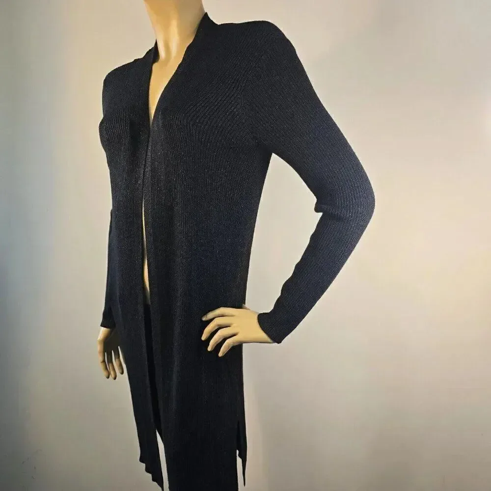 Vince Camuto Womens Rib Knit Open Front Cardigan Black Metallic Shimmer Size M
